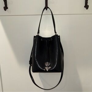 Black Faux Leather Croc Embossed Bucket Bag w/ Queen Bee appliqué